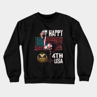 Scary Halloween Pumpkin Flamingo Happy 4th Usa American Flag July Fourth Crewneck Sweatshirt